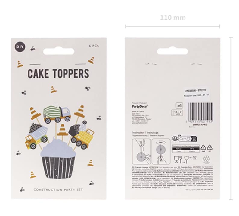 May include: A set of 6 construction-themed cake toppers. The toppers feature a yellow dump truck, a cement mixer truck, and traffic cones. The toppers are on sticks and are ready to be placed on a cake. The packaging says "DIY Cake Toppers Construction Party Set".
