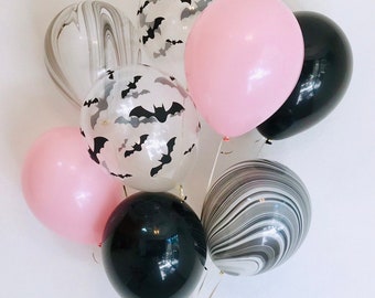 Pink Halloween Balloons, Girl Halloween Balloons, Halloween Birthday, Pastel Halloween, Pink Bats, Pink Halloween, Pink and Black Halloween
