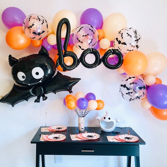 Halloween Balloon Garland, Pastel Halloween, Kid Halloween Balloons, Halloween Kid Parties, Bat Balloon Garland, Peach Purple Halloween Il_570xn