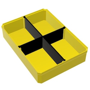 May include: A bright yellow storage container with four compartments, divided by black dividers. The container has a rectangular shape and is designed for organizing small items. The image is a top-down view, showcasing the interior layout.