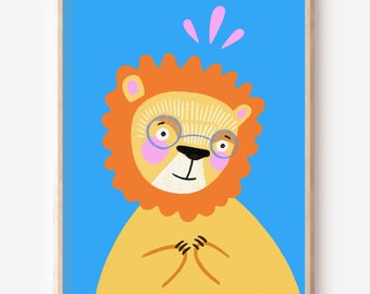 Lion Kawaii Room Decor, Simple Modern Wall Art, Cute Jungle Animals, Lion Artwork, Whimsical Art, Baby Girl Gift, Baby Boy Gift