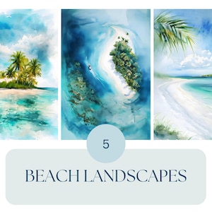 Rustige aquarel strandscène | Strandlandschap | Kustdecor | Strandhuiskunst aan de muur | Trouwkaarten | Kaarten en knutselen