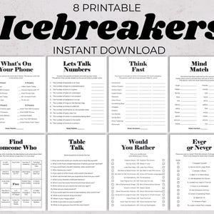 Op de afbeelding: Een set van acht afdrukbare ijsbrekerspellen, ideaal voor evenementen. Elke pagina bevat verschillende vragen en invulsecties. De titel "Icebreakers" staat in een groot, vetgedrukt, zwart lettertype.