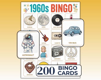 May include: A 1960s Bingo game set featuring a large grid with illustrations of a sundial, moon, vinyl record, lava lamp, astronaut, guitar, cassette, VW bug, Barbie, boombox, and peace sign. The set includes 200 bingo cards with colorful icons.