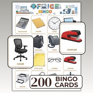 Könnte beinhalten: Ein ausdruckbares Büro-Bingo-Spielblatt mit einem Raster aus verschiedenen Büroartikeln, darunter ein Taschenrechner, ein Ordner, eine Uhr, ein Hefter, ein Stuhl, ein Rucksack, ein Telefon, ein Haftnotizzettel, eine Brille und ein Drucker, mit dem Text 200 BINGO CARDS am unteren Rand.