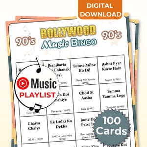 May include: A Bollywood 90's Music Bingo game with 100 cards, featuring song titles and a music playlist logo. The design includes a digital download label and a starburst graphic.