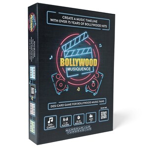Op de afbeelding: Zwarte doos met het kaartspel "Bollywood Musiquence". Het ontwerp bevat neon-graphics van een filmklapper, luidsprekers en muzieknoten. Tekst omvat "Create a Music Timeline" en "Desi Card Game for Bollywood Music Fans."