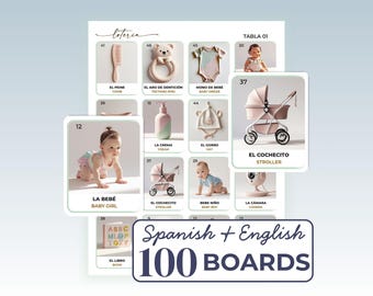 Utskrivbar Baby Shower Bingo, 100 kort, Loteria para Baby Shower en Español e Ingles, Tvåspråkiga festspel, Gender Reveal Activity