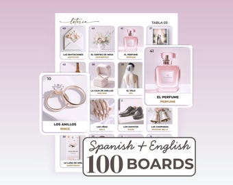 Pink Bilingual Bridal Shower Bingo, Loteria de Despedida de Soltera, 100 Unique Cards, Spanish and English Wedding Games, Digital Download