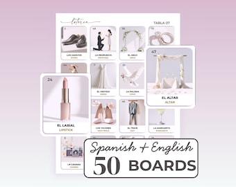 Pink Bilingual Bridal Shower Bingo, Loteria de Despedida de Soltera, 50 Unique Cards, Spanish and English Wedding Games, Digital Download