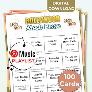 May include: A Bollywood Music Bingo game with a digital download option. The game features a grid of song titles from the 50s and 60s, with a music playlist logo. The game includes 100 cards.
