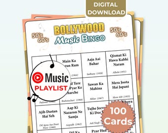 Bollywoodmuziek Bingo 50s 60s Nummers - 100 afdrukbare bingokaarten - Retro Hindi Cinema Game - Oud is goud desi-spel - Bollywoodbingo