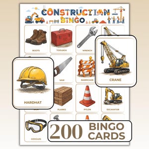 Può includere: Un gioco di bingo a tema costruzione con una grande griglia illustrata con attrezzi e attrezzature come stivali, cassetta degli attrezzi, chiave inglese, sega, barriera, gru, casco, assi, cono, escavatore e occhiali protettivi.