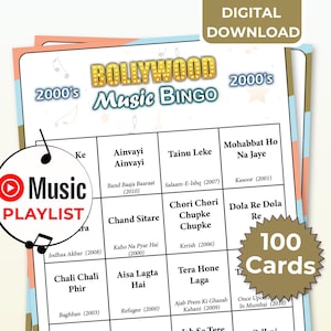 Bollywood Trending 2000s Tadka Music Song Bingo Game for Mehndi, Roka, Haldi, and Dholki Events as well as Indian Bridal Shower or Shaadi