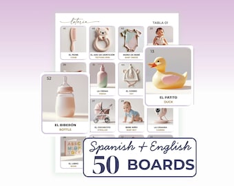 Rosa tvåspråkig babyshower-bingo, babyshowerlotteri, 50 unika kort, babyshowerspel på spanska och engelska, utskrivbar direktnedladdning