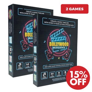 Bollywood Musiquence Card Game | Desi Music Trivia for Parties | Interactive QR Code Musical Timeline Game | Hindi Song Guessing Game (2 pk)