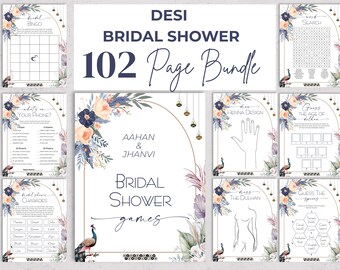 Pfau Brautdusche Spiele Bundle, Südasiatische Brautparty Ausdrucke, 102 seite Indisches Hochzeit Spiel Pack, Mehndi & Sangeet Spiel Set