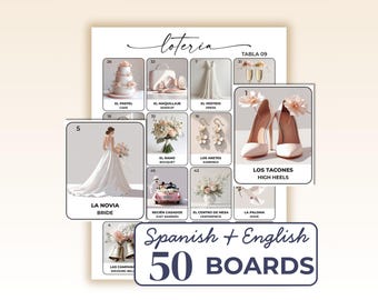 Loteria de Bodas Printable, Wedding Bingo in Spanish and English, 50 Cards, Bridal Shower Game, Mexican Wedding Activities, Digital Download