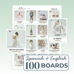 Bridal Shower Loteria Game: 100 Bilingual Teal Boards (Printable PDF)