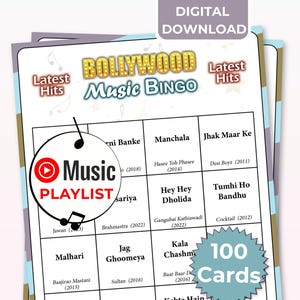 May include: A Bollywood Music Bingo game with a music playlist logo. The game includes 100 cards and features the text "Latest Hits" and "Digital Download". The bingo cards have song titles and years.