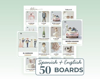 Teal Bilingual Bridal Shower Bingo, Loteria de Despedida de Soltera, 50 Unique Cards, Spanish and English Wedding Games, Digital Download