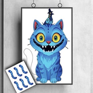 May include: A framed digital illustration of a bright blue cat with large yellow eyes and sharp teeth, featuring a small bird wearing a top hat perched on its head. A separate sheet of six blue, curved, segmented worm-like shapes is included.
