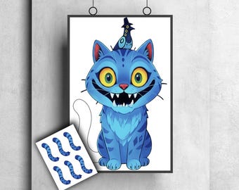 May include: A digital illustration of a bright blue cat with large yellow eyes and a wide, toothy grin, featuring a small bird wearing a top hat perched on its head. A separate small sheet displays six blue, curved, segmented worm-like shapes.