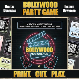 ボリウッド音楽カードゲーム（印刷可能）、ヒンディー語の歌トリビア、インド音楽ボードゲーム、デジファミリーナイト、ボリウッド愛好家パーティーアクティビティ