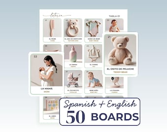 Utskrivbar Baby Shower Bingo, 50 kort, Loteria para Baby Shower en Español e Ingles, Tvåspråkiga festspel, Gender Reveal Activity