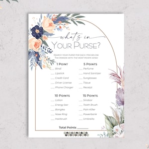 May include: A printable game card titled "What's in Your Purse?" with a floral design in peach, blue, and navy. The game lists items with point values, such as lipstick and perfume, for a purse scavenger hunt. The card is framed with a gold arch.