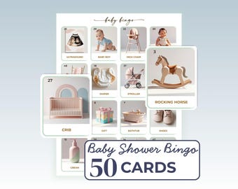 Printable Baby Shower Bingo Game, 50 Unique Bingo Cards, Gender Neutral Baby Shower Games, Instant Download, Digital Activity, Blue theme