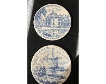 H & R Johnson Windmill  Dragonstone Made in UK Ceramic Circle Tile Delft Blue