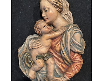 VTG Mary & Jesus/Mother  Child Hand Carved Solid Wood Wall Art Italy 1950's