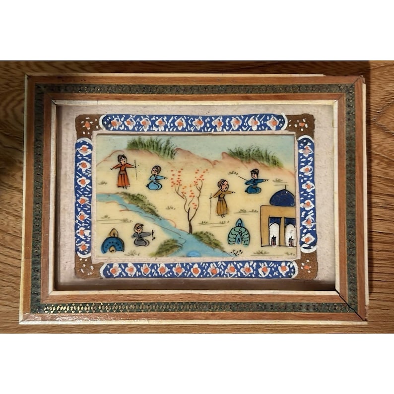 VTG Persian Miniature Painting On Camel Bone Panel In Khatam Frame 6" X 4" OOAK image 1