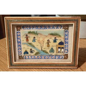 VTG Persian Miniature Painting On Camel Bone Panel In Khatam Frame 6" X 4" OOAK image 2
