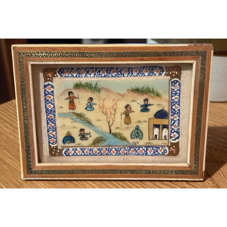 VTG Persian Miniature Painting On Camel Bone Panel In Khatam Frame 6" X 4" OOAK image 2
