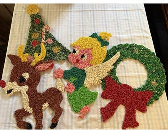 Vintage Melted Popcorn Plastic Christmas Hanging Decorations Lot Of Four 18"