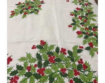 Vintage Christmas Tablecloth 1950's Heavyweight Cotton W/Holly Leaves & Berries