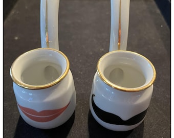 Rare JKW Germany Bavaria His & Hers Pipe Shot Glasses Mustache Lips