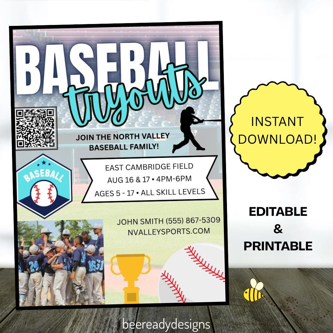 BASEBALL Tryouts Flyer Template. Youth Sports Sign up Form. Editable ...