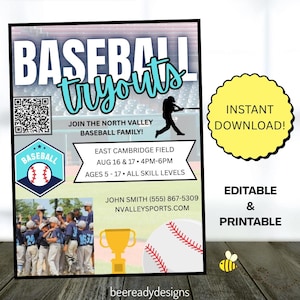 BASEBALL Tryouts Flyer Template. Youth Sports Sign Up Form. Editable Canva Digital Design. Printable BASEBALL Sheet.