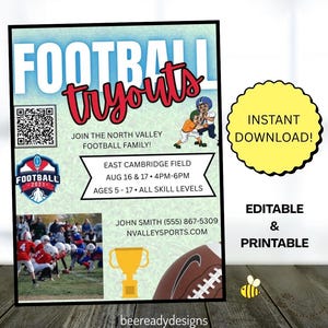 Flyersjabloon herfstvoetbal try-outs. Aanmeldingsformulier voor jeugdsporten. Bewerkbaar digitaal canvasontwerp. Afdrukbaar VOETBAL-blad.
