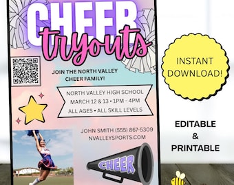 CHEERLEADING Tryouts Flyer Template. Youth Sports Sign Up Form. Editable Canva Digital Design. Printable CHEER Sheet.