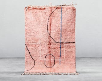 PINK CONTEMPORARY RUG: Abstrakte handgeknüpfte Berber-Wollteppiche, minimalistischer Teppich mit schwarzen Linien