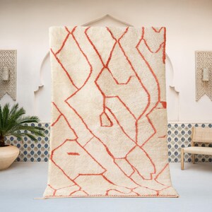HANDCRAFTED MOROCCAN RUG, Cream & Orange Wool Area Rug, Moroccan Rug, Cream and Coral Abstract Geometric Pattern, Soft Wool Rug, Mrirt Rug