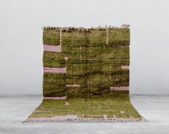 Olive Green and Pink Moroccan Rug, Hand Tufted Wool Carpet, Area Rug, Custom Size
