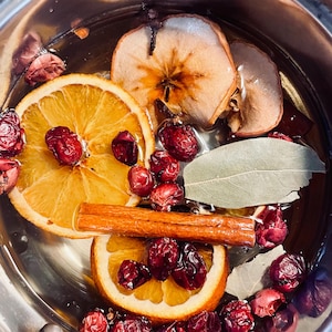 May include: A stainless steel pot filled with water and a variety of ingredients for a simmering potpourri, including orange slices, apple slices, cinnamon sticks, cranberries, and bay leaves.