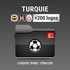 Könnte beinhalten: Ein schwarzes Ordner-Symbol mit einem weißen Fußball und einer türkischen Flagge in der oberen rechten Ecke. Der Text "TURQUIE +200 logos" befindet sich über dem Ordner. Der Text "LOGOS | PNG | 120x120" befindet sich unter dem Ordner.