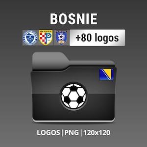 Peut inclure: Graphique numérique avec une icône de dossier noir ornée d'un ballon de football en son centre. Le dossier affiche le texte "BOSNIE" en haut, avec trois logos d'équipes et une étiquette "+80 logos". Le bas indique "LOGOS | PNG | 120x120".