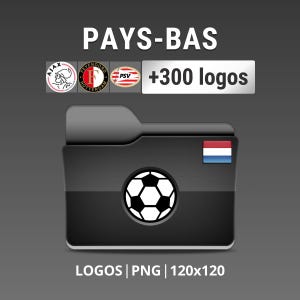 May include: A black folder icon with a soccer ball graphic in the center. The folder has the text "PAYS-BAS" at the top, with logos of three soccer teams and the text "+300 logos". The bottom of the image has the text "LOGOS | PNG | 120x120".